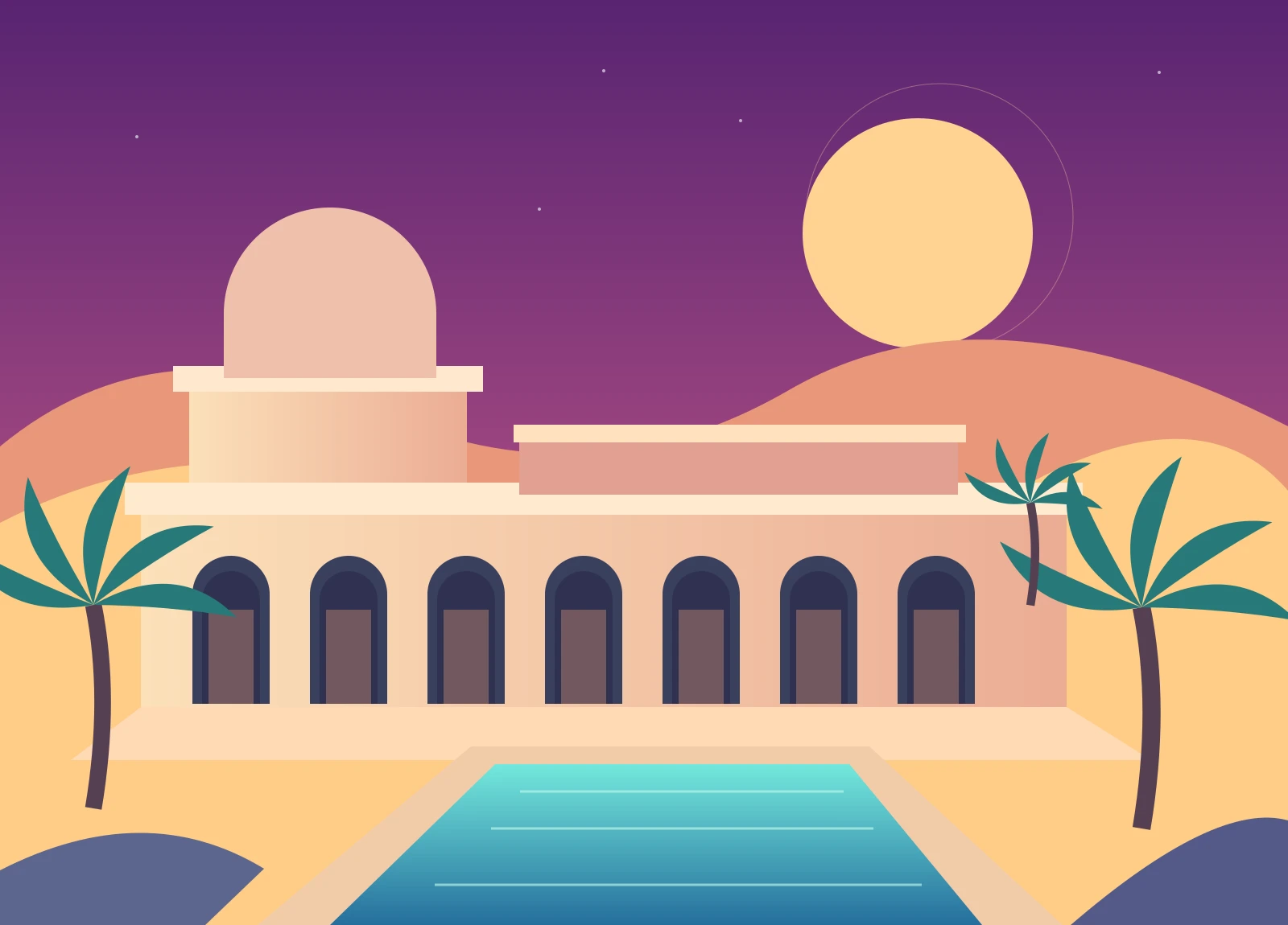 Original sunset illustration of a desert retreat with palms and arches
