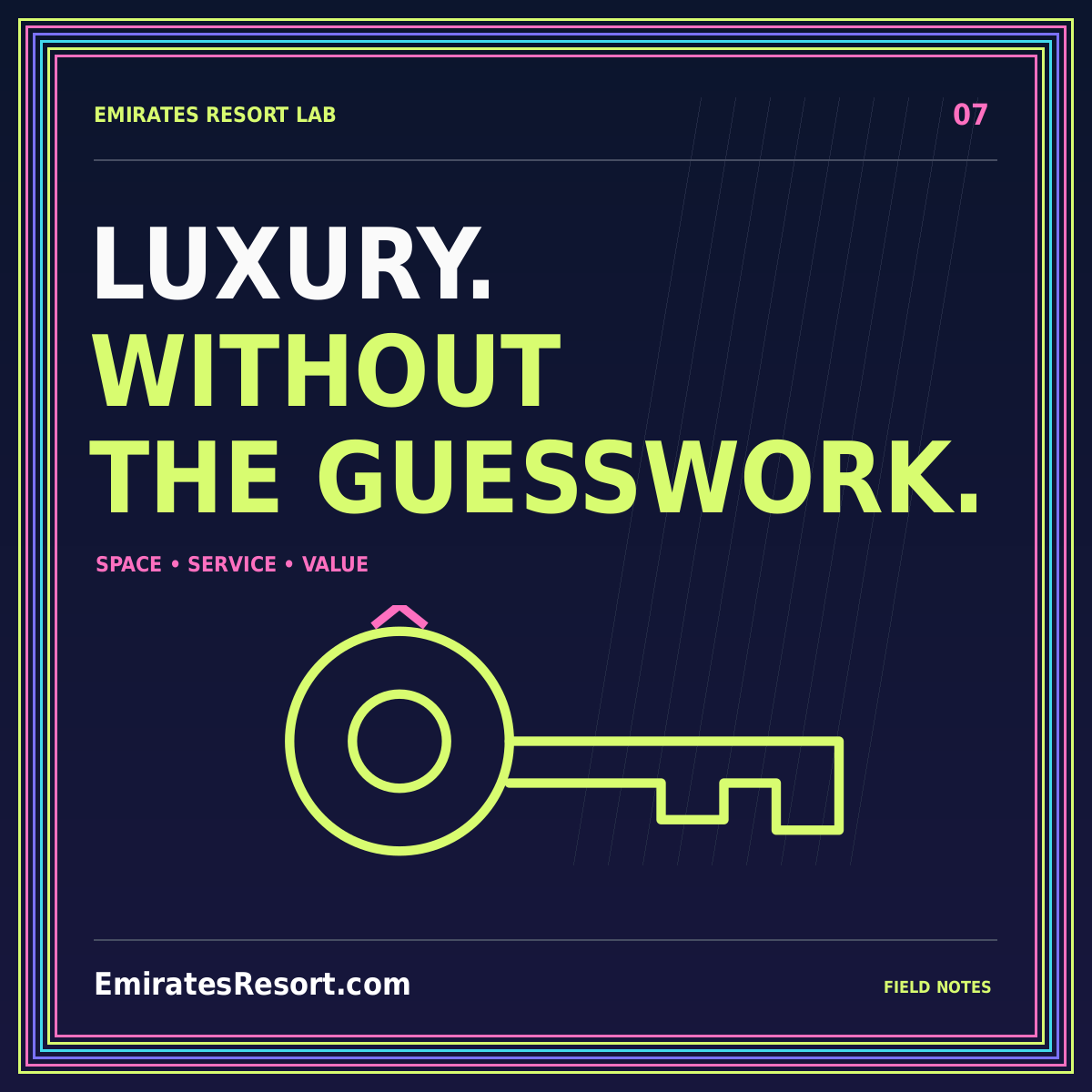 Know what luxury includes — neon editorial illustration with EmiratesResort.com branding